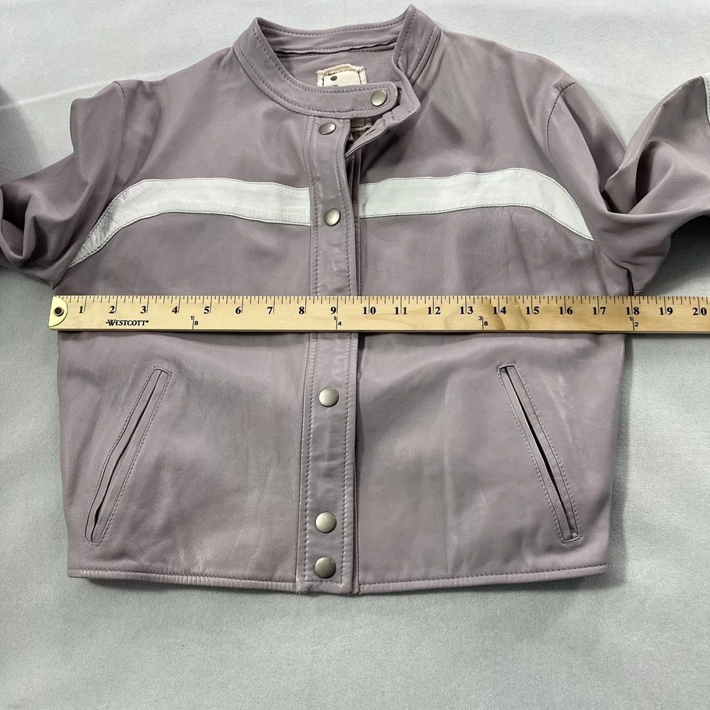 JKT NYC Leather Jacket Womens XS Purple White Stripe‎ Moto Racer Cropped Rib Hem